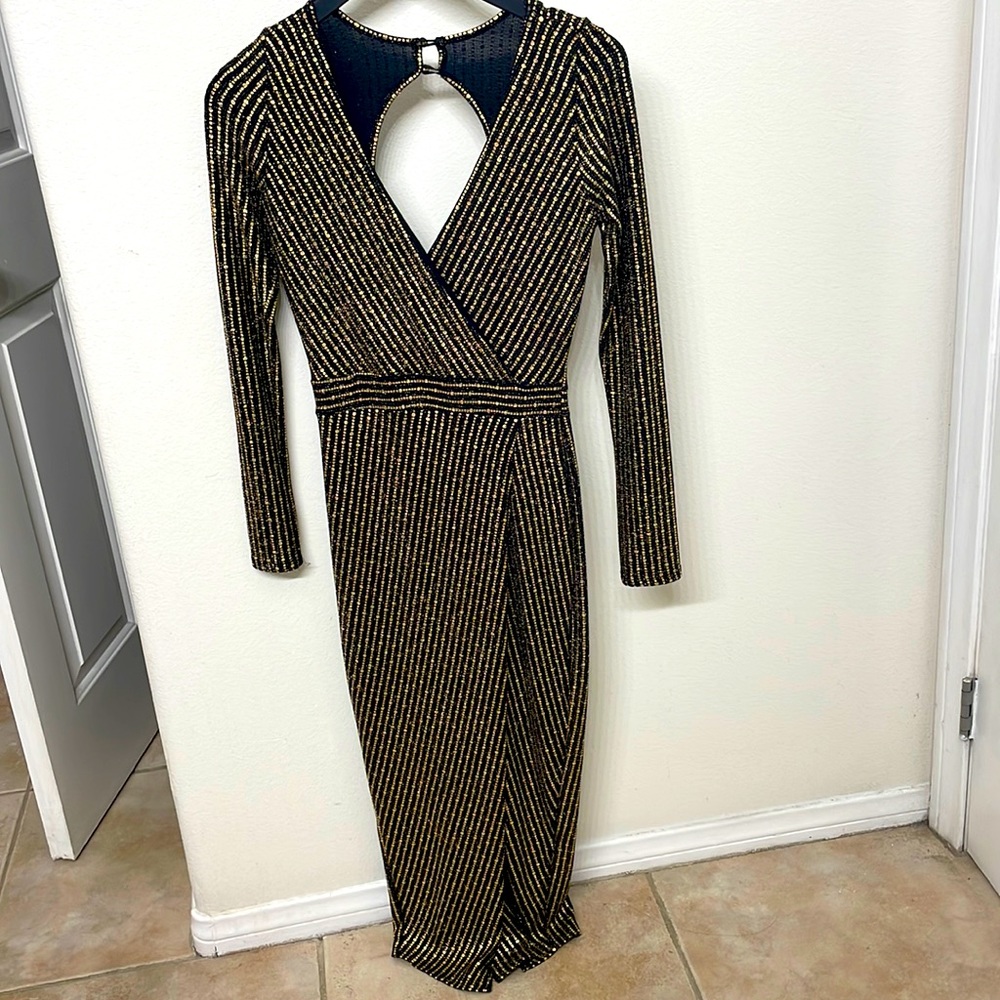 fashion nova metallic black gold dress size M